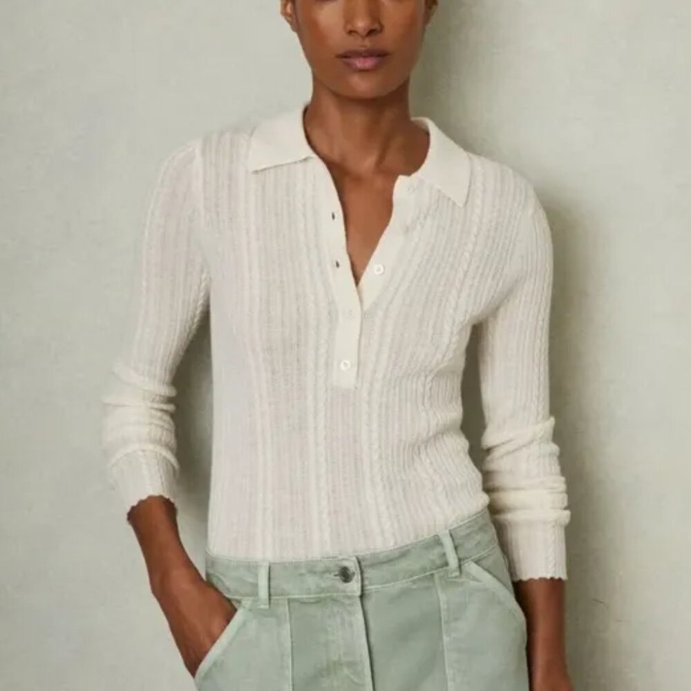 REISS Cream Jade Wool Cable Knit Polo Neck Jumper Henley Cardigan Sweater NWT